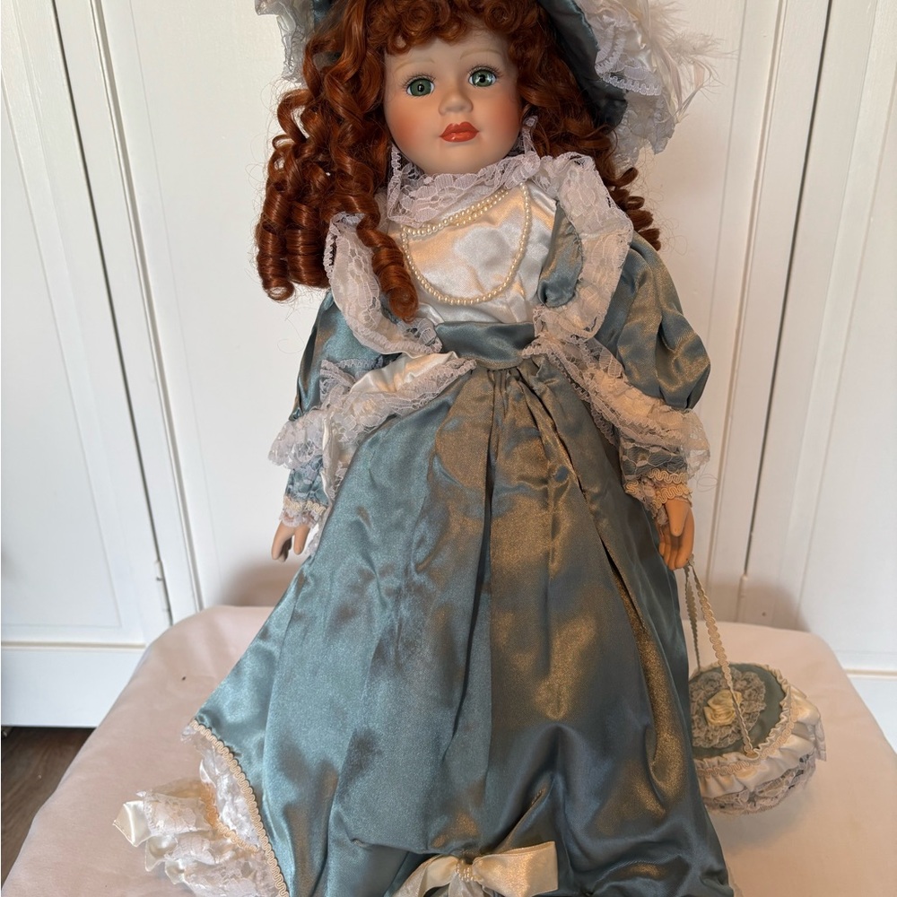 Elegant Blue Victorian Porcelain Doll - Picture 1 of 8